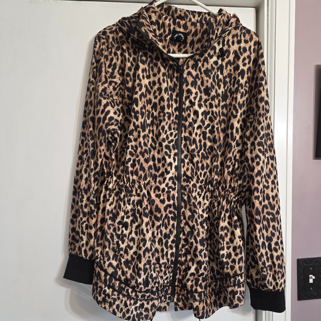 The Upside Leopard Print Hooded Jacket Xl Gathered Waist Zip Front Athleisure